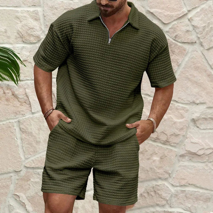 Men’s Two Piece Set with Zip Collar and Elastic Waist Shorts