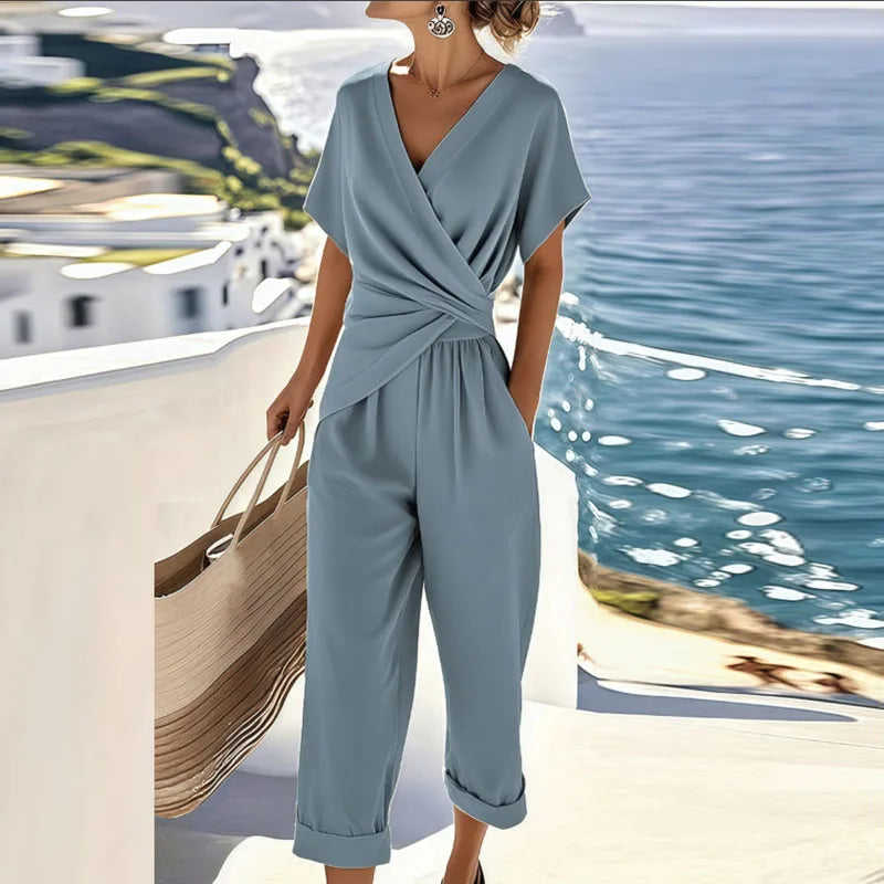 Women’s Two-Piece Set with Wrap Top and Cropped Trousers
