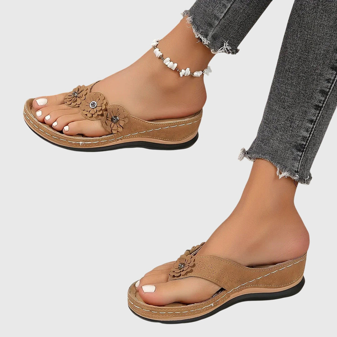 Women’s Flip Flops with Toe Post Strap and Floral Upper Detail