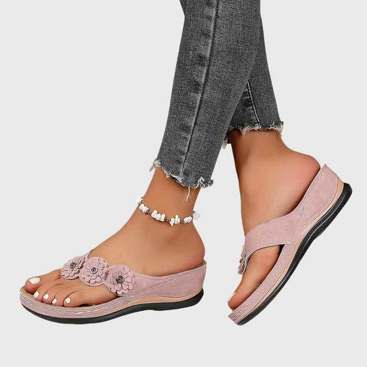 Women’s Flip Flops with Toe Post Strap and Floral Upper Detail