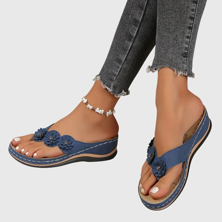 Women’s Flip Flops with Toe Post Strap and Floral Upper Detail