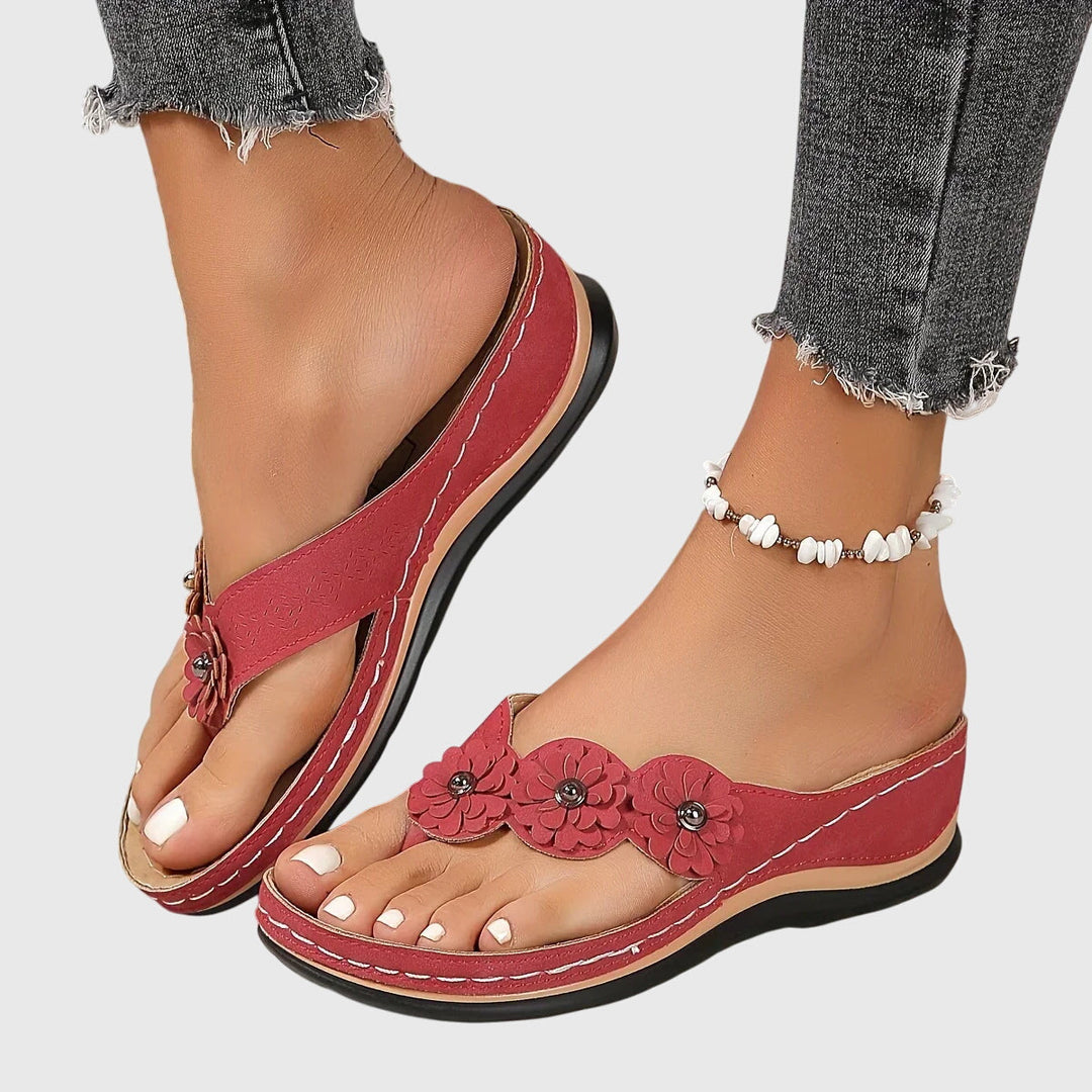 Women’s Flip Flops with Toe Post Strap and Floral Upper Detail