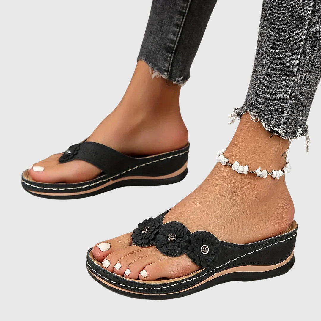 Women’s Flip Flops with Toe Post Strap and Floral Upper Detail