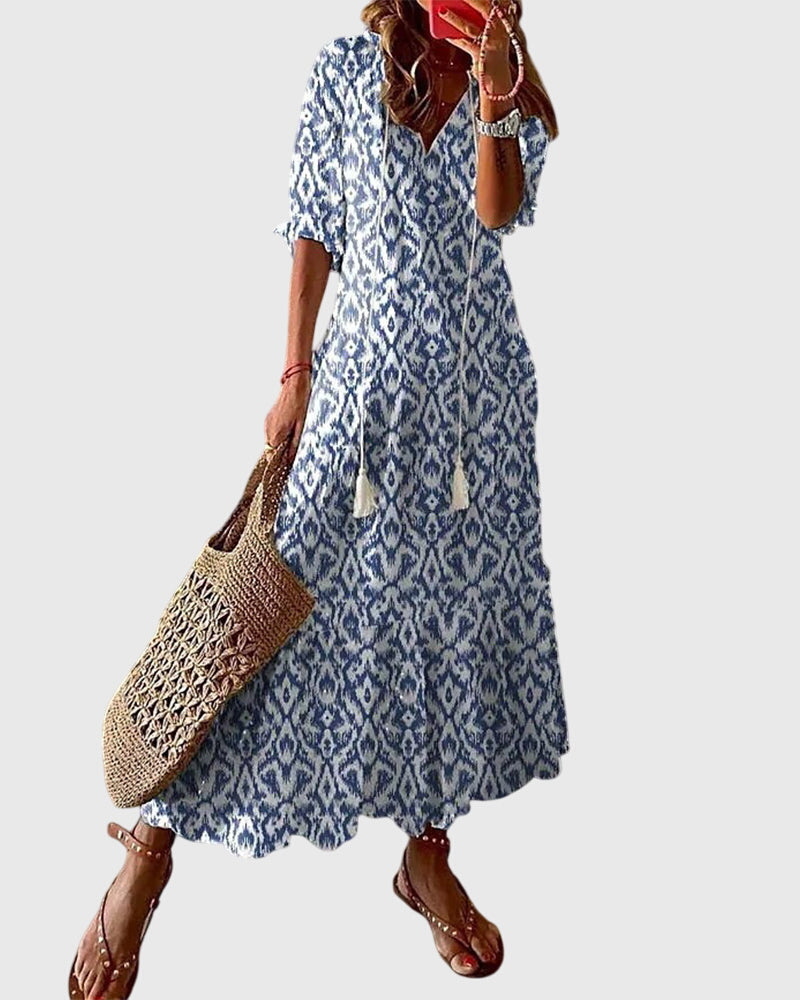 Women’s Maxi Dress with V-Neckline and Elbow Sleeves