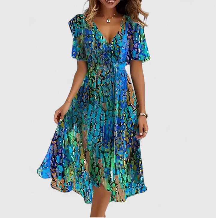 Women’s Short Dress with V-Neckline and Flutter Sleeves