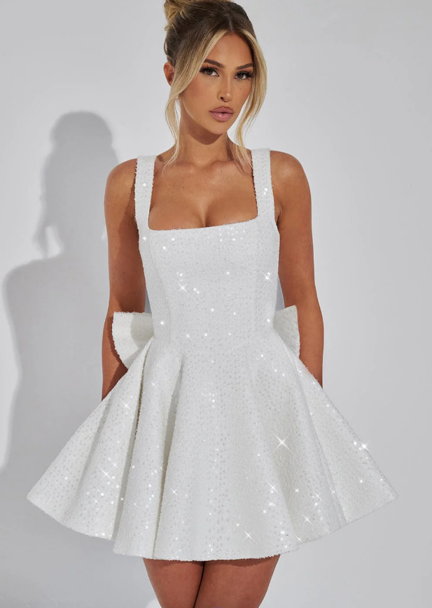 Women’s Mini Dress with Sequin Tweed Bow Detail