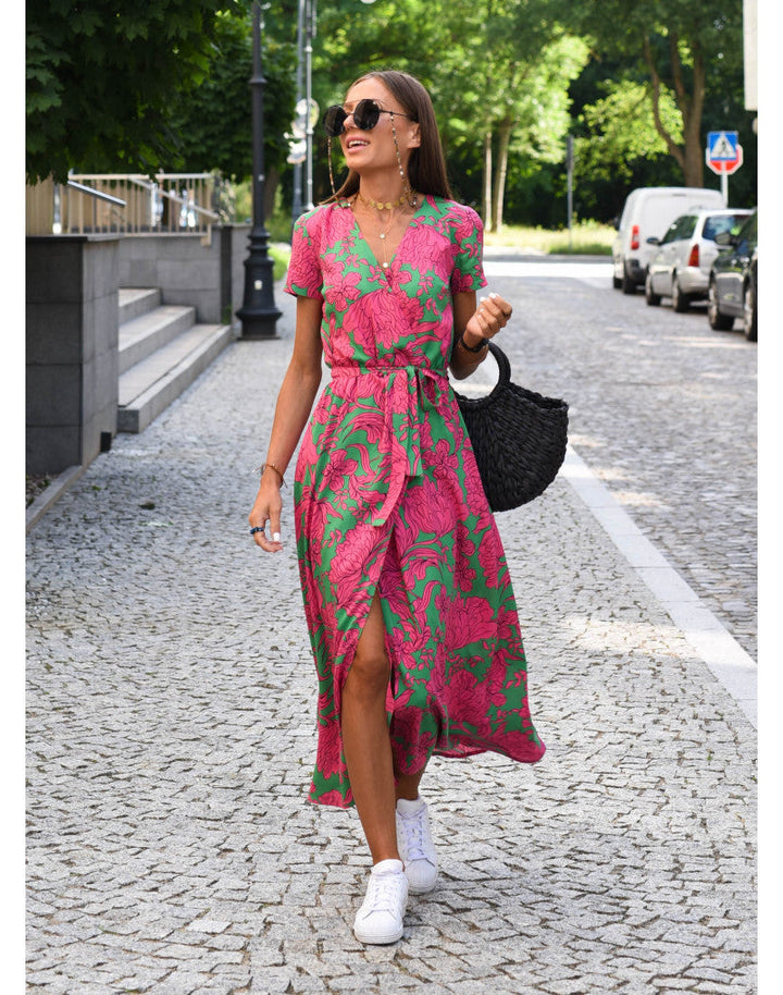 Women’s Wrap Dress with V-Neckline and Floral Pattern