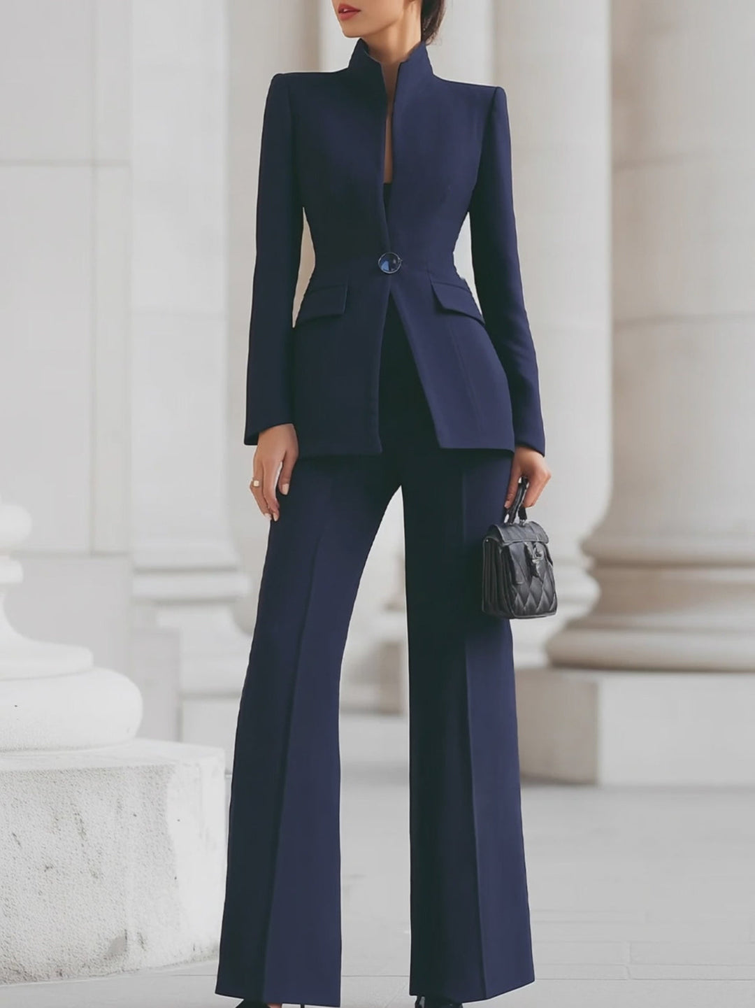Women’s Blazer and Trousers Set with Stand Collar and Button Closure