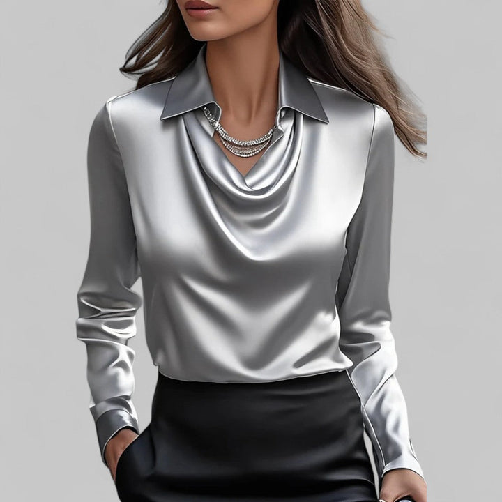 Women’s Blouse with Draped Neckline and Long Sleeves