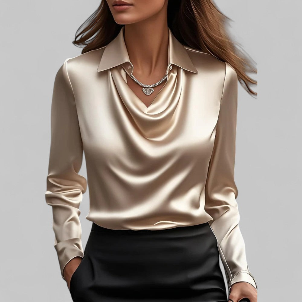 Women’s Blouse with Draped Neckline and Long Sleeves