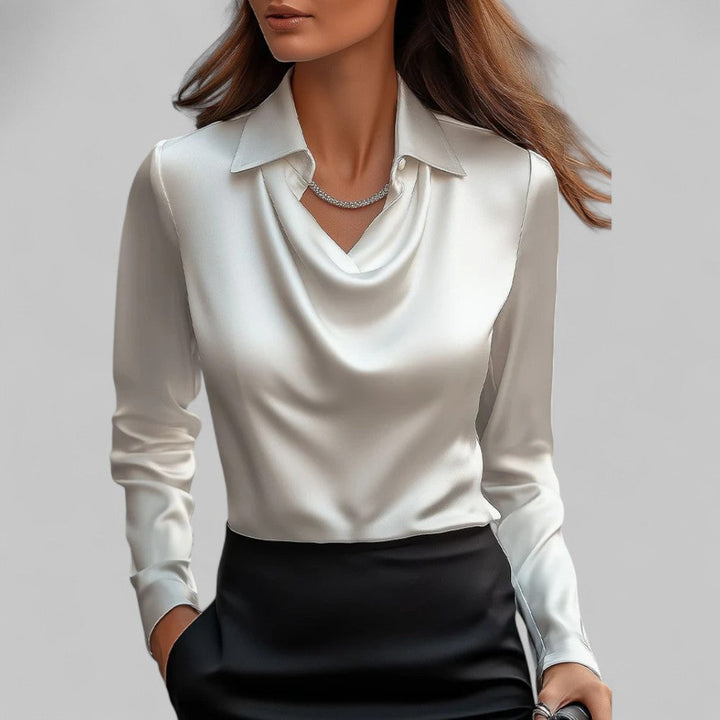 Women’s Blouse with Draped Neckline and Long Sleeves