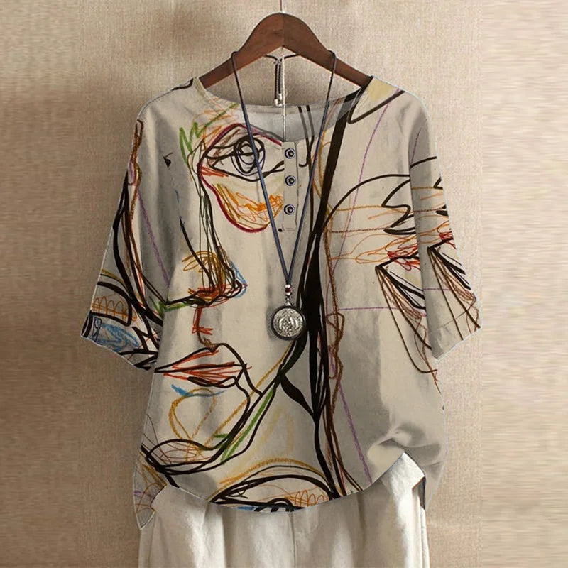 Women’s Blouse with Round Neckline and Button Placket