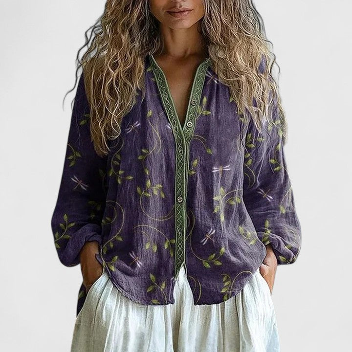 Women’s Blouse with V-Neckline, Button Closure and Floral Print