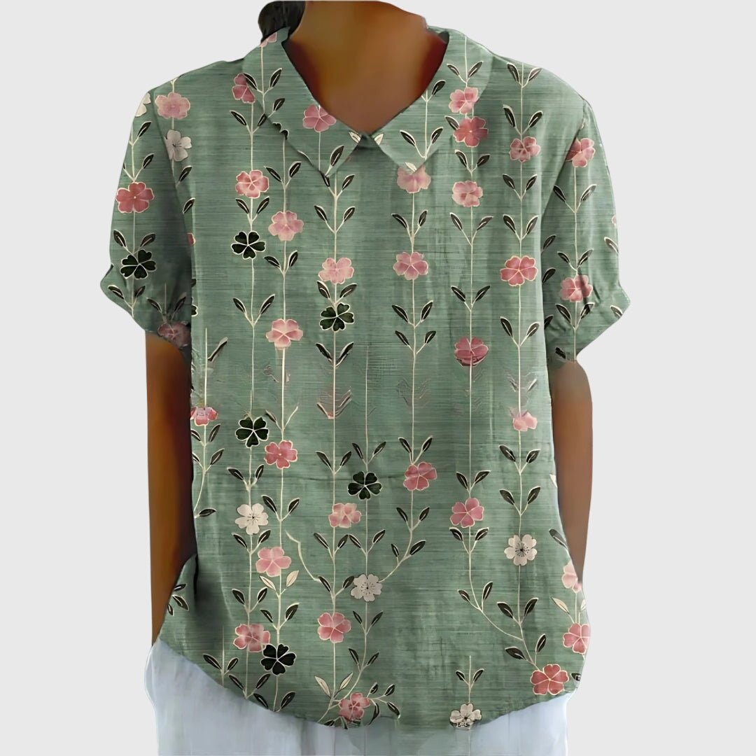 Women’s Blouse with V-Neckline Short Sleeves and Printed Pattern