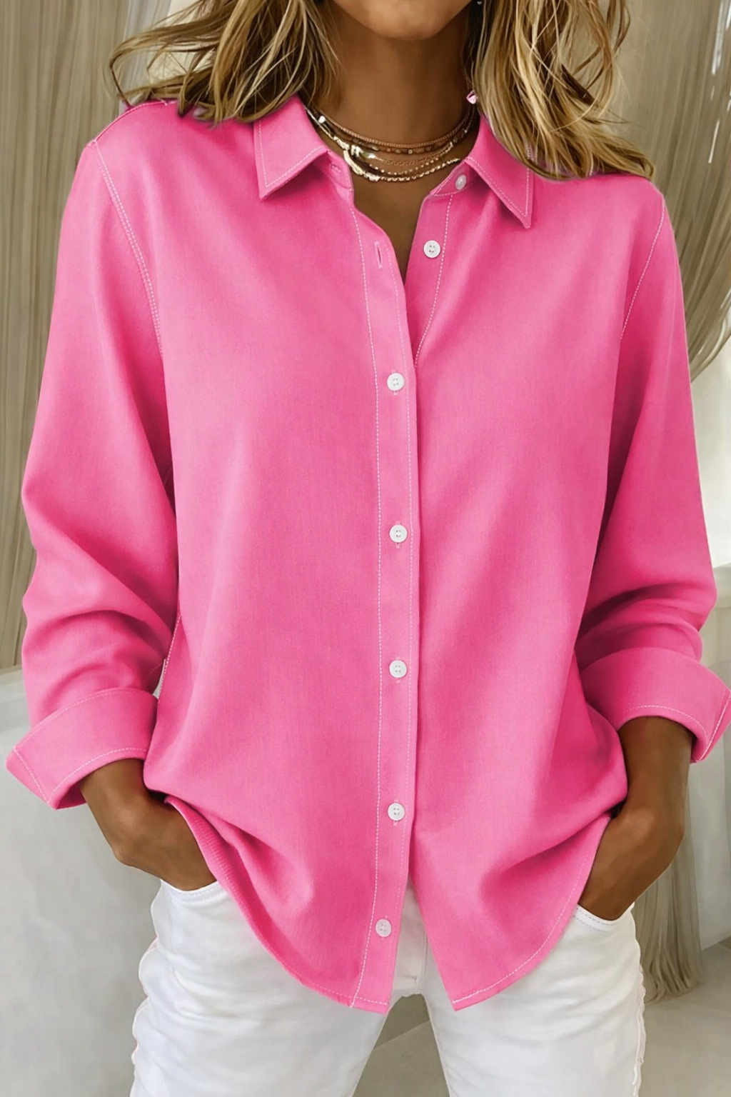 Women’s Button-Down Blouse with Collar and Long Sleeves