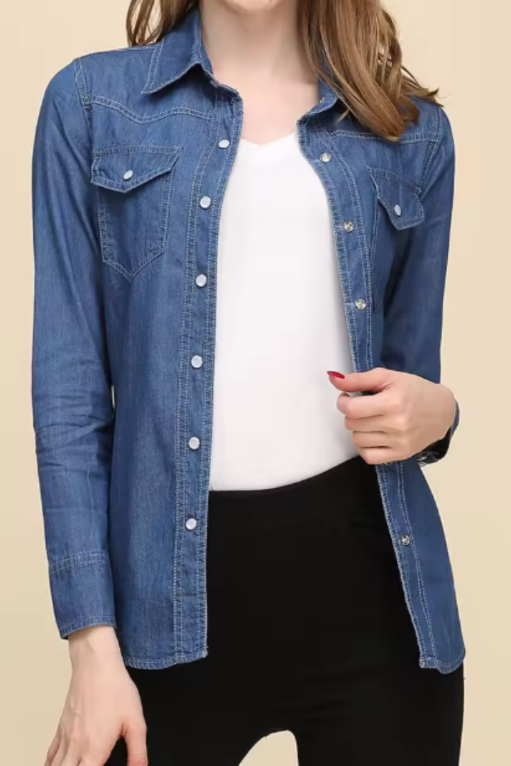 Women’s Denim Shirt with Button Front Closure and Chest Flap Pockets