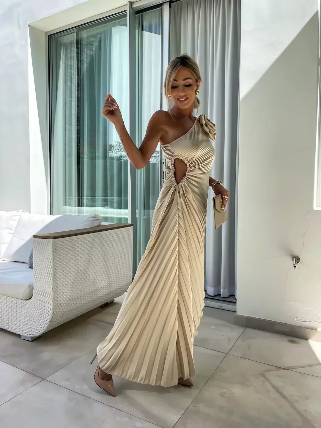 Women’s Dress with One-Shoulder Neckline and Flower Applique