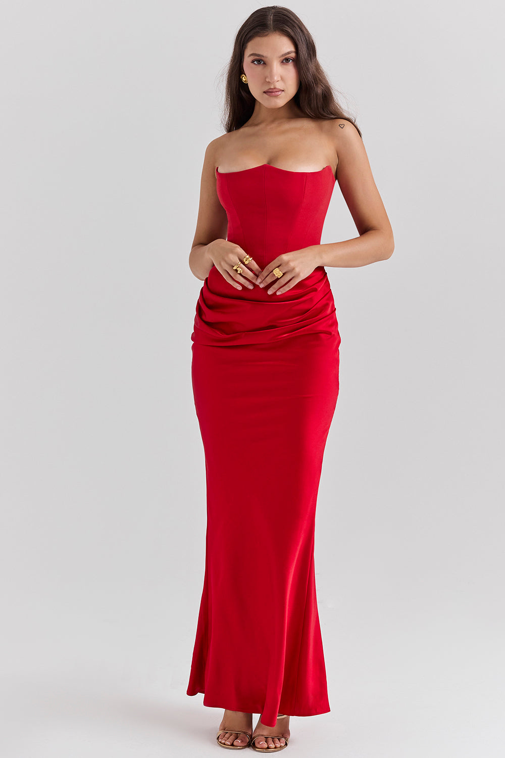 Women’s Dress with Strapless Neckline and Draped Waist Panel
