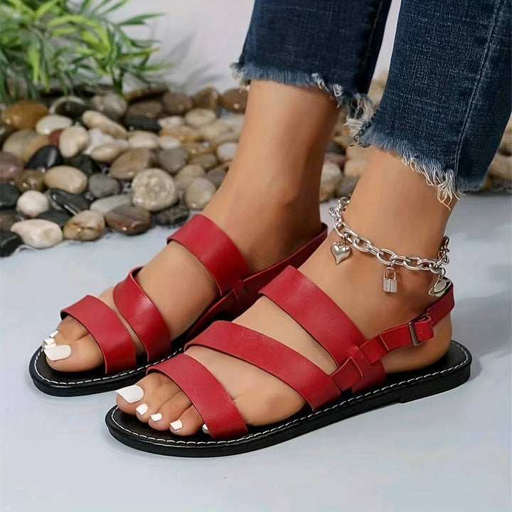 Women’s Flat Sandals with Three-Strap Upper and Back Buckle Closure