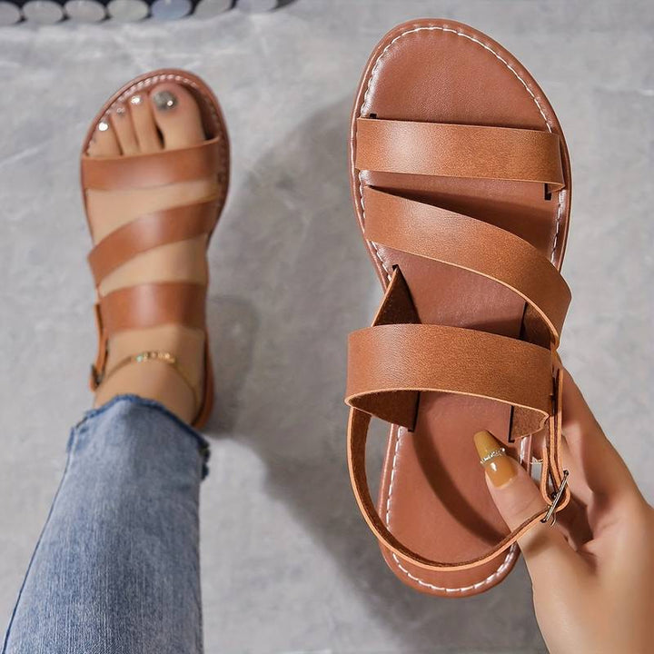 Women’s Flat Sandals with Three-Strap Upper and Back Buckle Closure