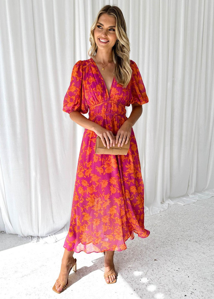 Women’s Floral Midi Dress with Puff Sleeves and V‑Neck