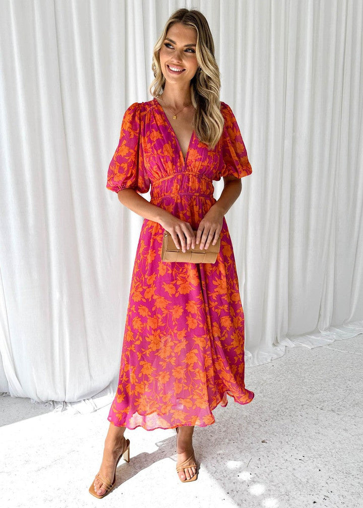 Women’s Floral Midi Dress with Puff Sleeves and V‑Neck