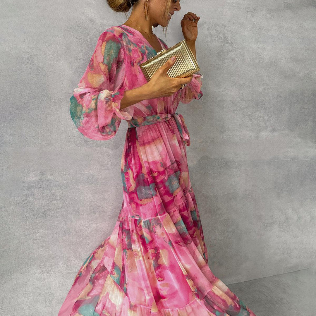 Women’s Floral Wrap Maxi Dress with Belt and Long Sleeves