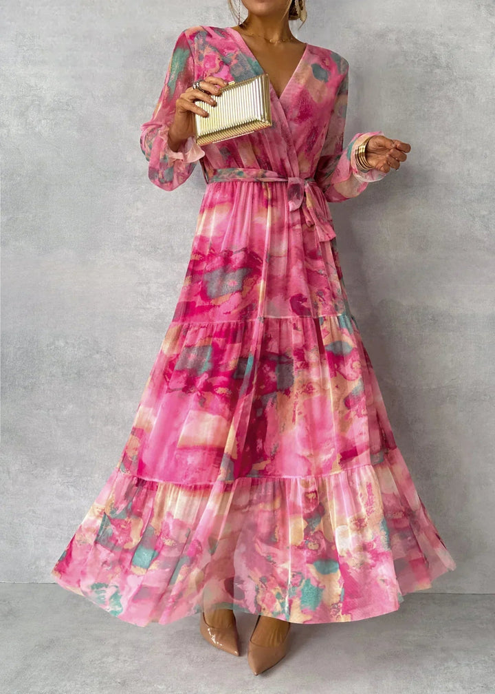 Women’s Floral Wrap Maxi Dress with Belt and Long Sleeves