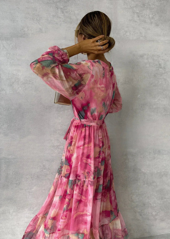Women’s Floral Wrap Maxi Dress with Belt and Long Sleeves