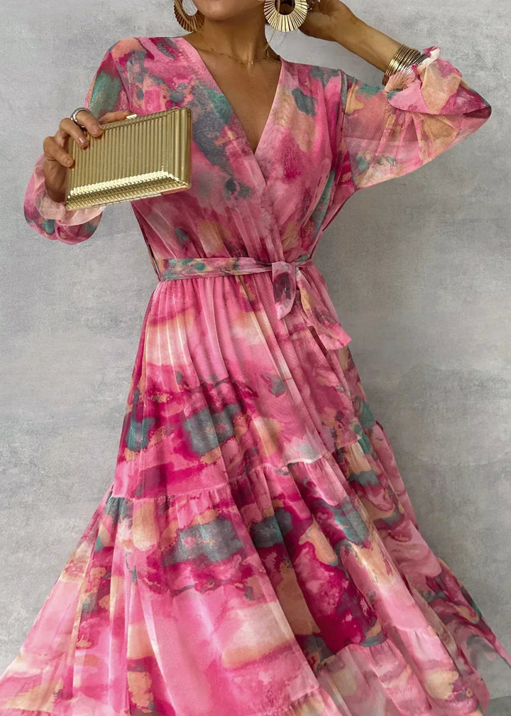 Women’s Floral Wrap Maxi Dress with Belt and Long Sleeves