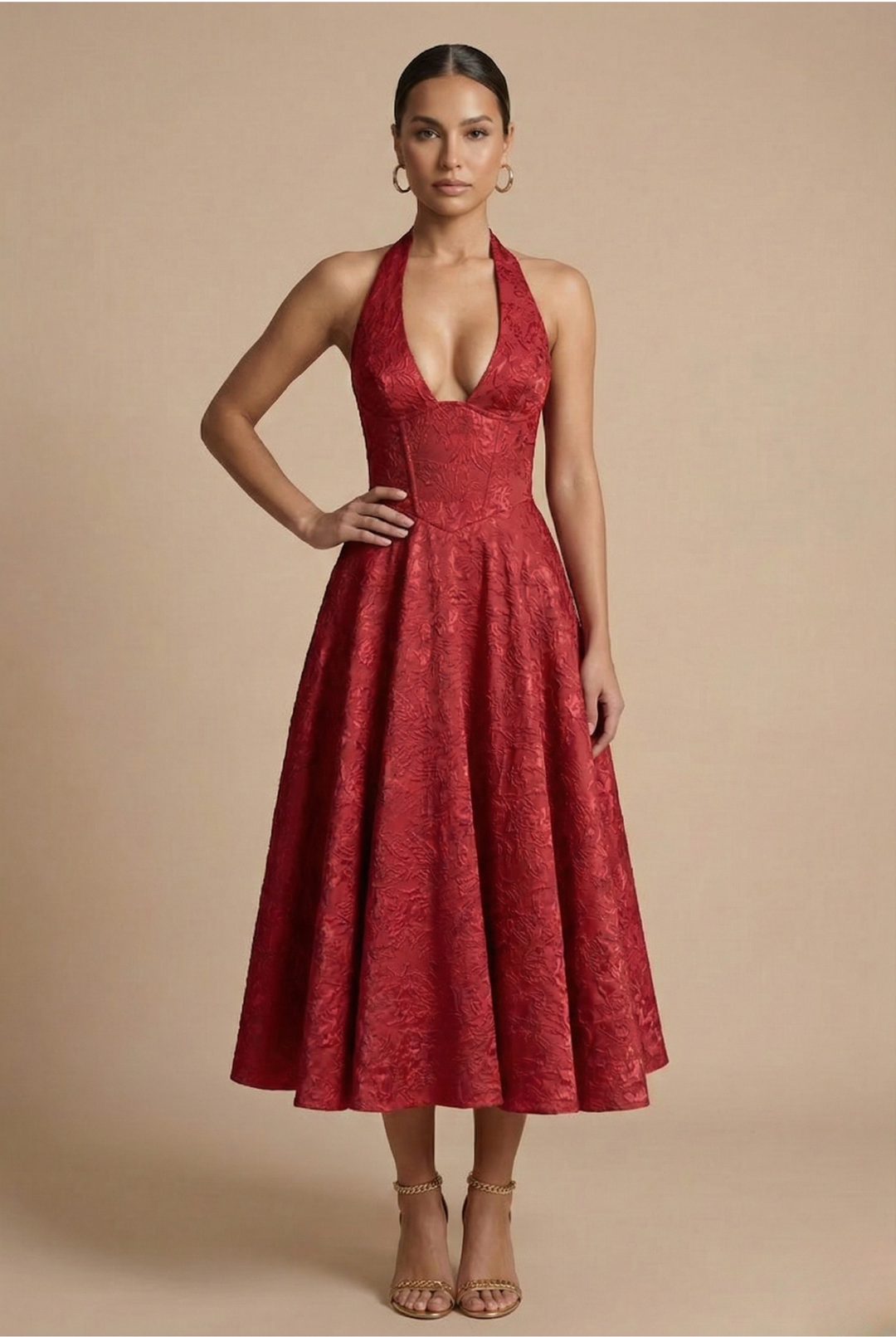 Women’s Halter Neck Midi Dress with Deep Neckline