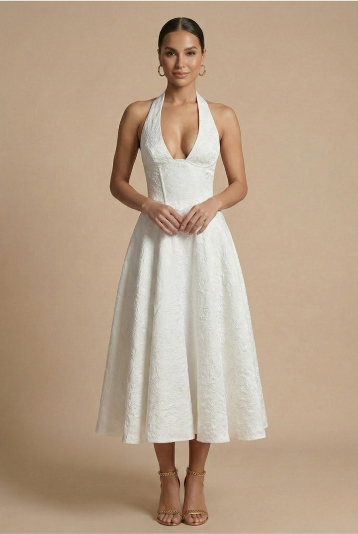 Women’s Halter Neck Midi Dress with Deep Neckline