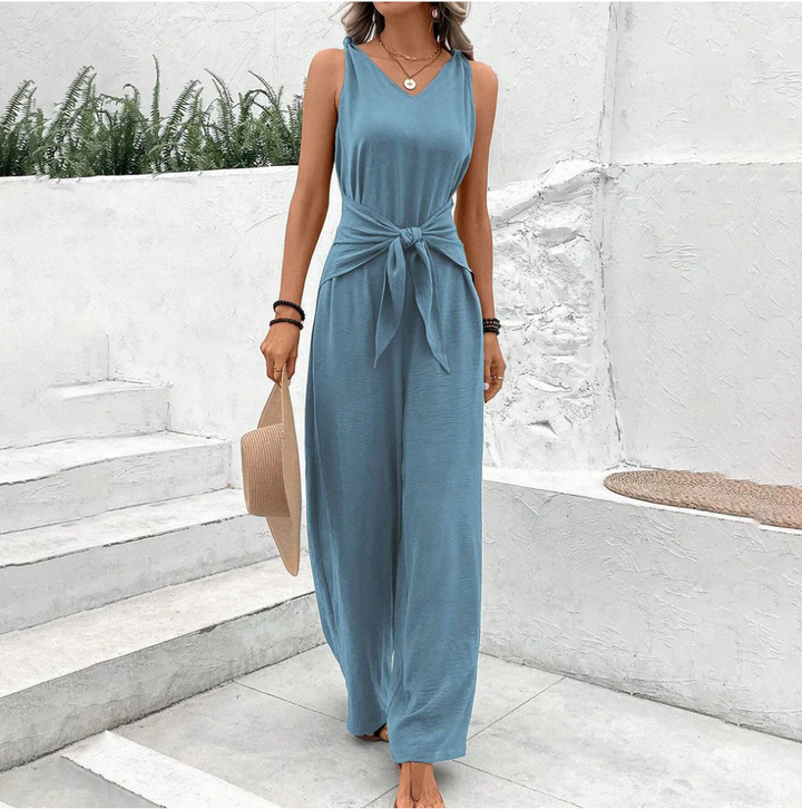 Women’s Jumpsuit with V-Neckline and Waist Tie