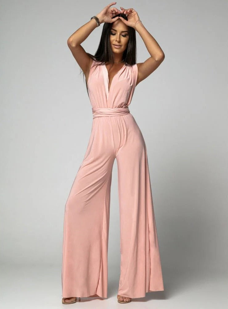 Women’s Jumpsuit with V-Neckline and Wrap Neck Tie