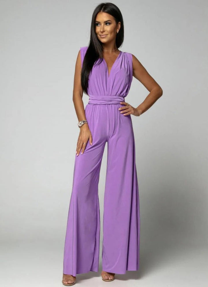 Women’s Jumpsuit with V-Neckline and Wrap Neck Tie