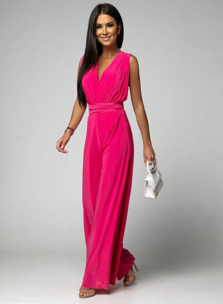 Women’s Jumpsuit with V-Neckline and Wrap Neck Tie