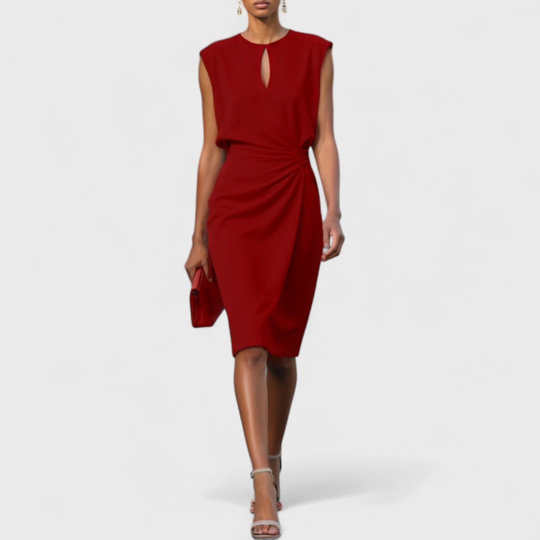 Women’s Knee-Length Dress with Keyhole Neckline and Side Draping