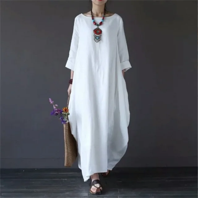 Women’s Long Dress with Round Neckline and Mid Sleeves