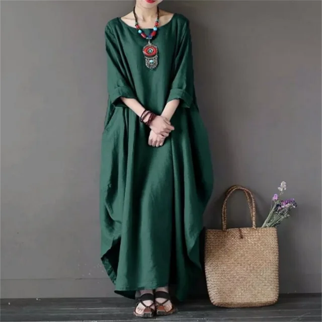 Women’s Long Dress with Round Neckline and Mid Sleeves