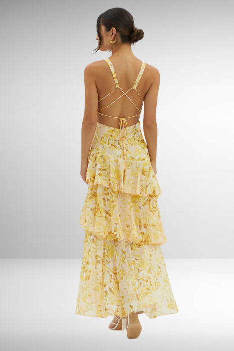 Women’s Maxi Dress with Deep V-Neckline and Ruffle Layers