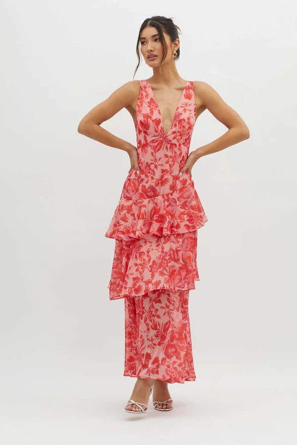 Women’s Maxi Dress with Deep V-Neckline and Ruffle Layers