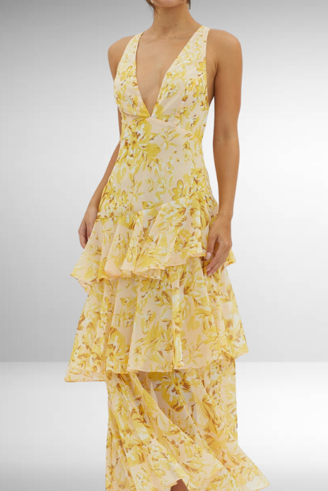 Women’s Maxi Dress with Deep V-Neckline and Ruffle Layers