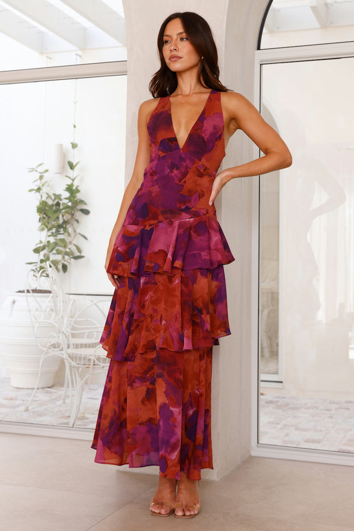 Women’s Maxi Dress with Deep V-Neckline and Ruffle Layers