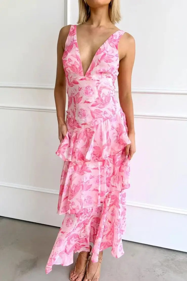 Women’s Maxi Dress with Deep V-Neckline and Ruffle Layers