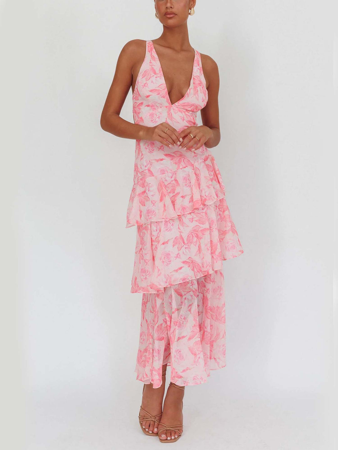 Women’s Maxi Dress with Deep V-Neckline and Ruffle Layers