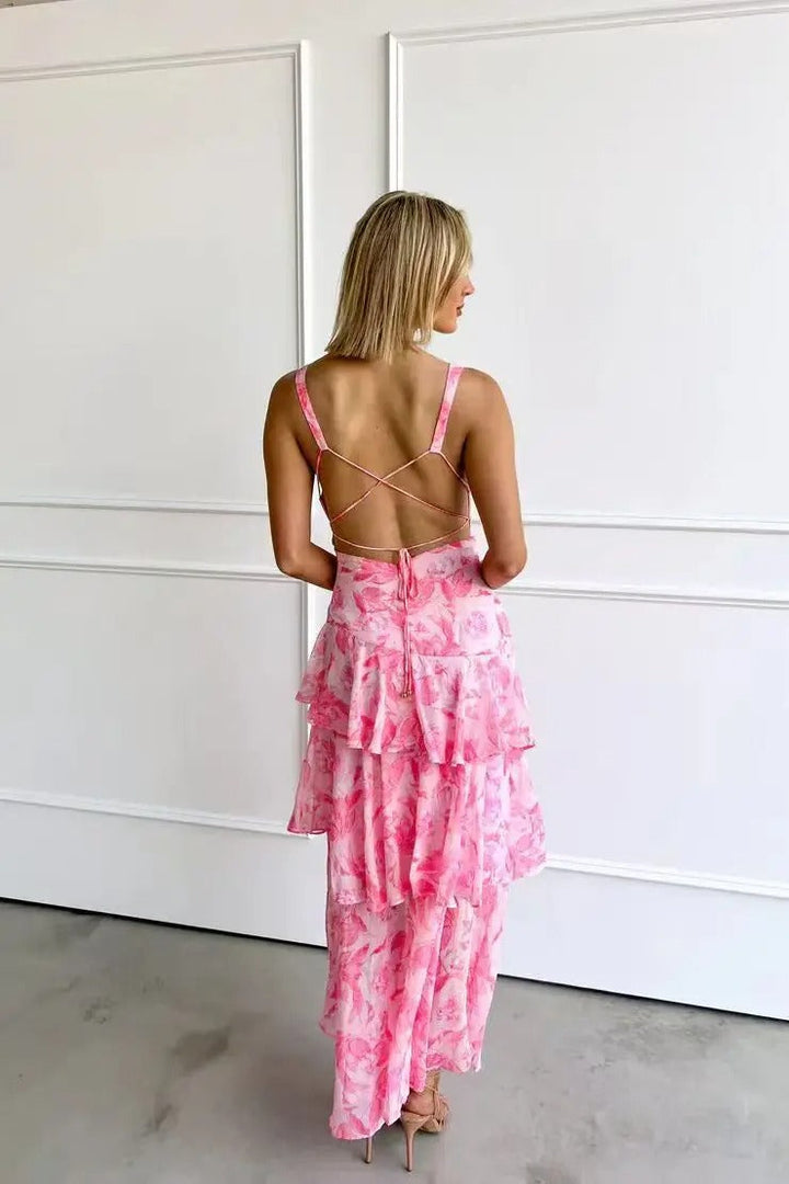 Women’s Maxi Dress with Deep V-Neckline and Ruffle Layers
