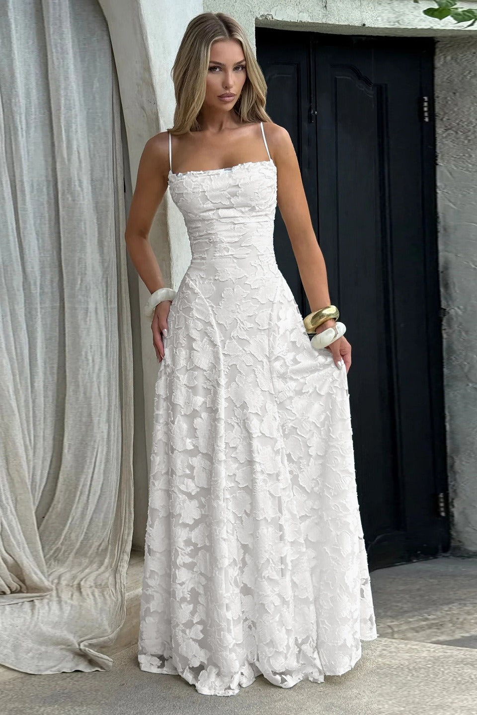 Women’s Maxi Dress with Draped Neckline and Laced Open Back