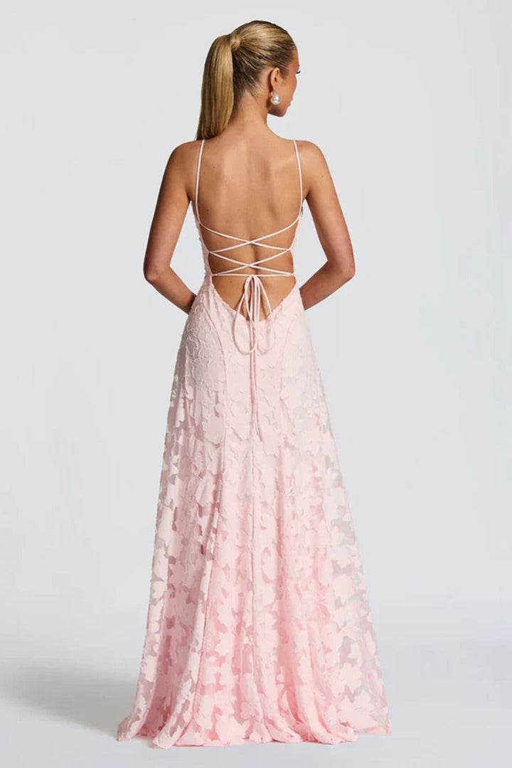 Women’s Maxi Dress with Draped Neckline and Laced Open Back
