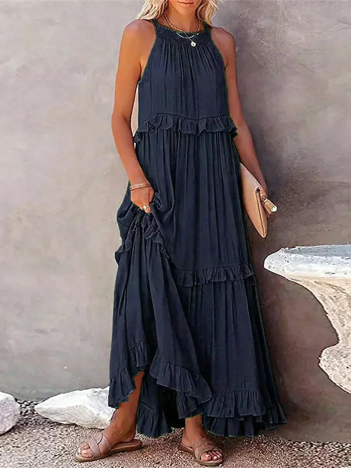 Women’s Maxi Dress with Gathered Neckline and Ruffle Trim