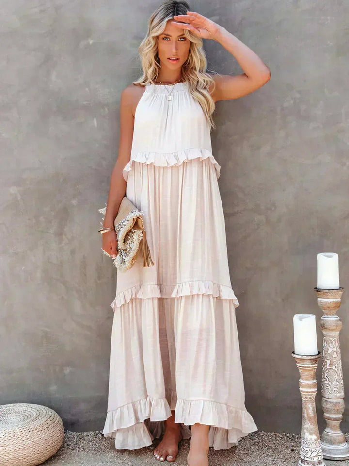Women’s Maxi Dress with Gathered Neckline and Ruffle Trim